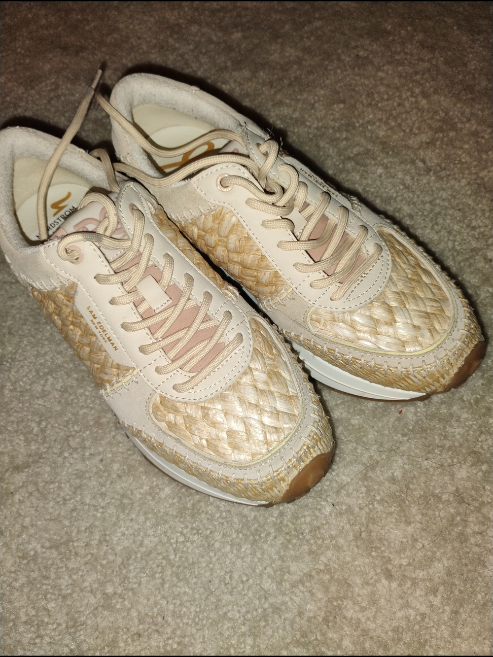 Sam Edelman Raffia-Look Lace-Up Sneakers in Beige and Tan - Picture 3 of 10